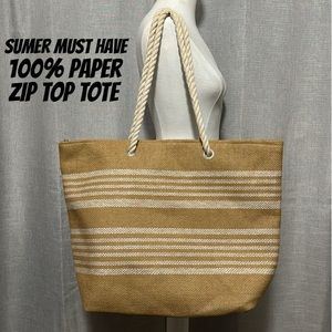 100% Paper ZipTop Tote-Striped-White/Natural Color-Rope Handles